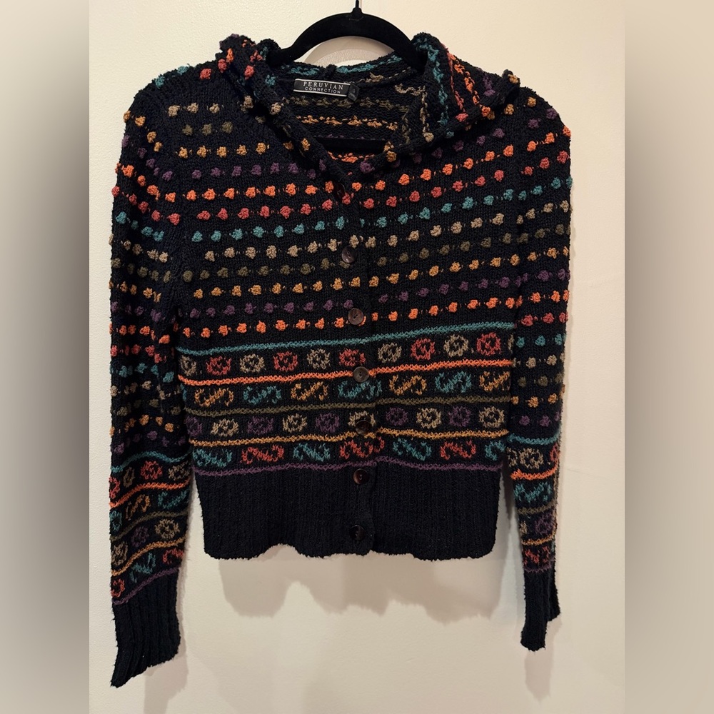 Peruvian Connection Black Multicolor Fair Isle Knit Cardigan Sweater Size S - Picture 2 of 4